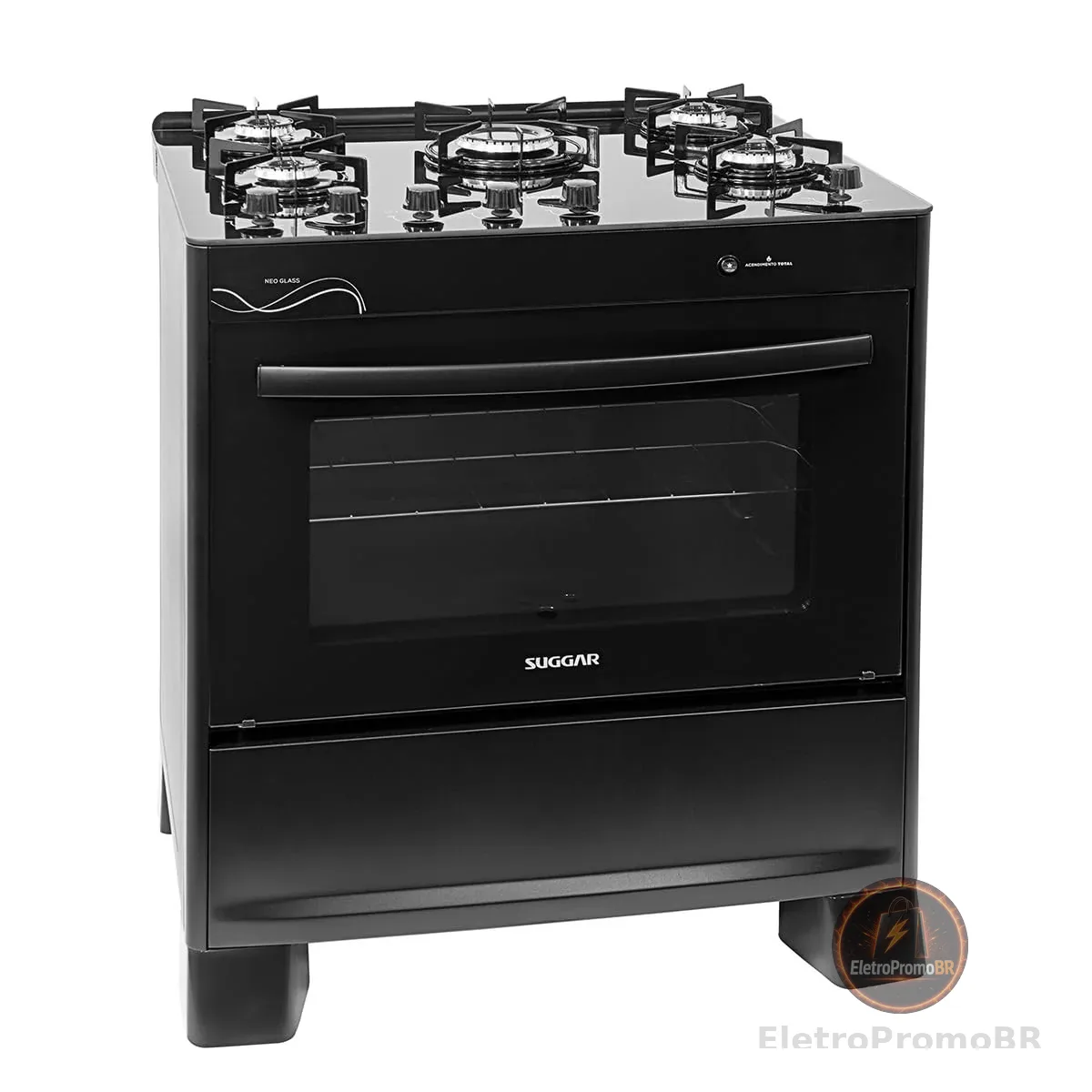 SUGGAR FOGÃO NEO GLASS PRETO MESA DE VIDRO 5 BOCAS TREMPE 6 APOIOS ACENDIMENTO AUTOMÁTICO FGVNG510PT