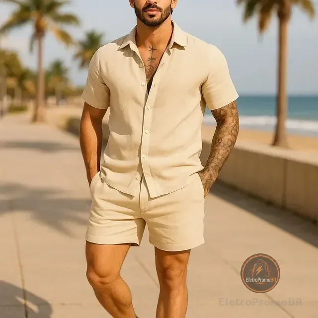 Conjunto Casual Linho Masculino Camisa Botão  Bermuda Cordão
