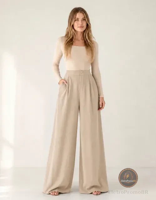 Calça Feminina Pantalona Wide Leg Social Casual Dia A Dia