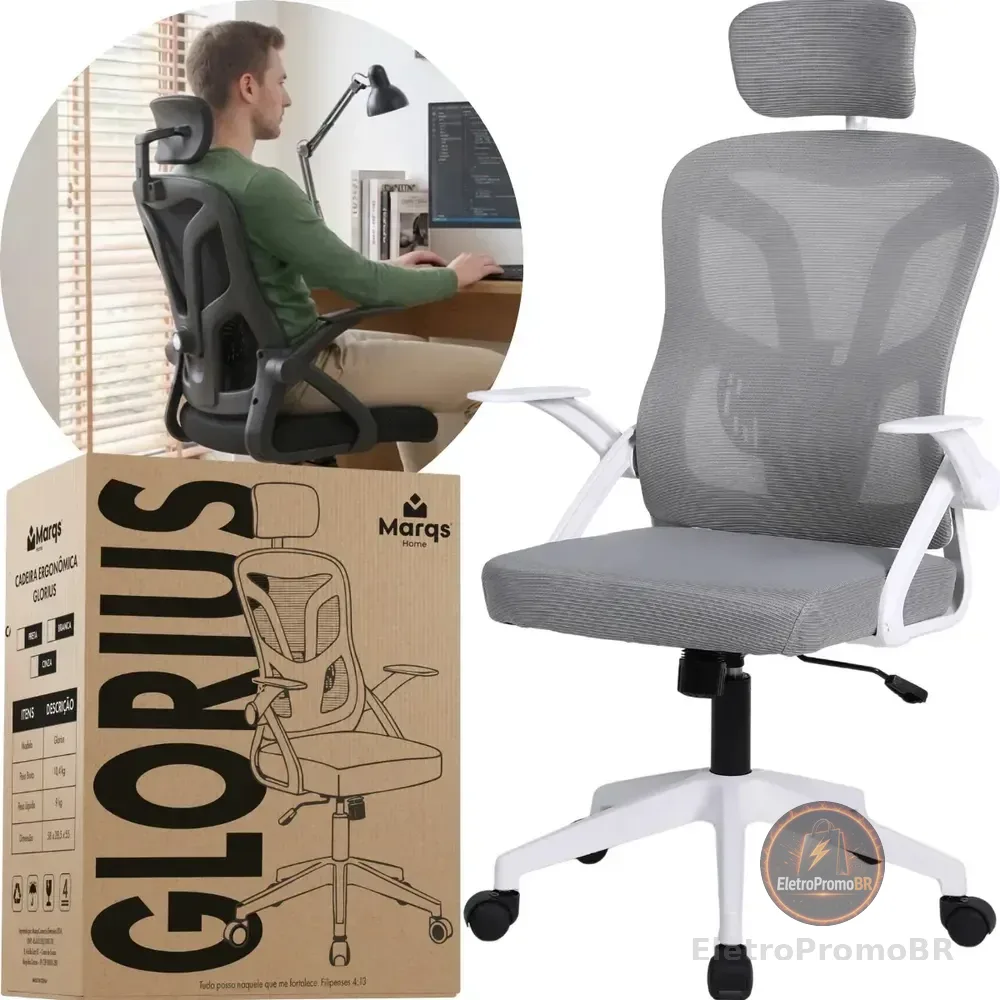 Cadeira De Escritorio Ergonomica Nr17 Glorious Marqs Home Giratoria Resistente Reforçada 180kg Confortavel Reuniao Mesh Cinza
