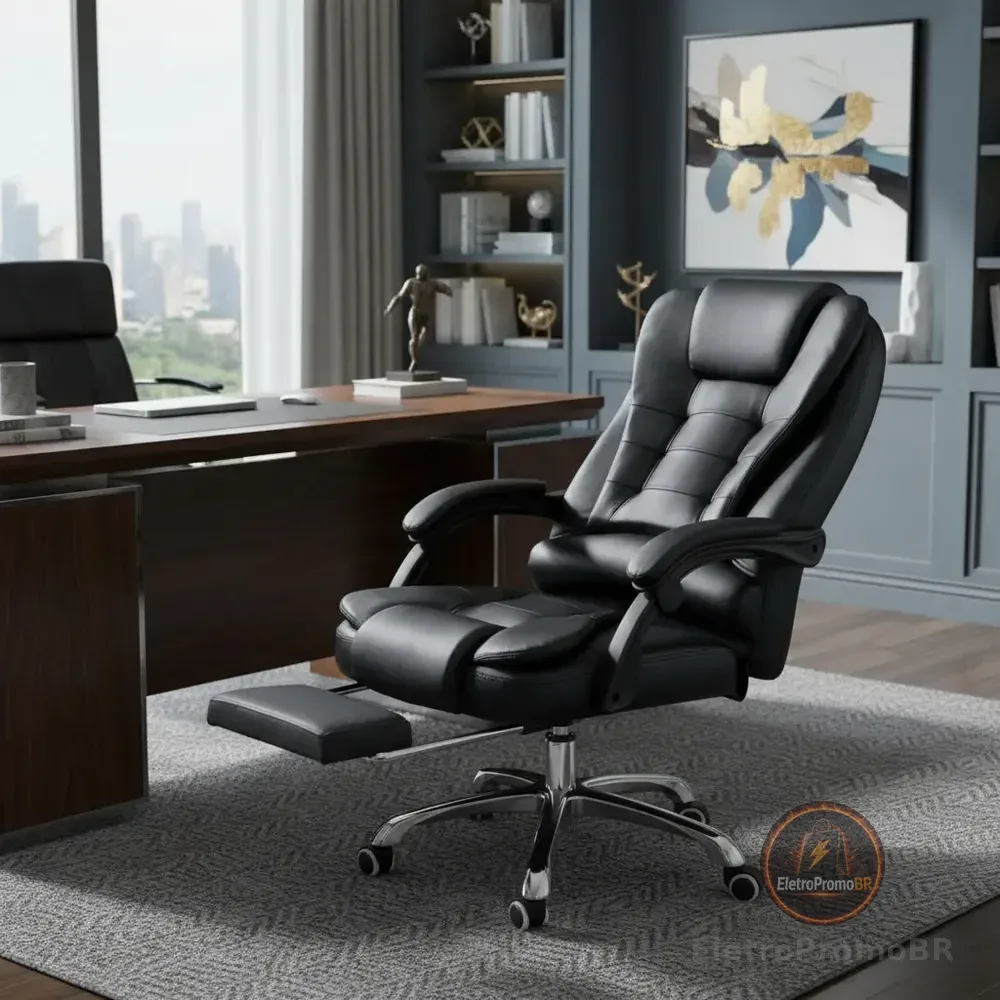 Cadeira De Escritório Presidente Ergonômica Python Fly Couro Sintético Encosto Ajustável Com Trava E Apoio Para Pés Cor Preta