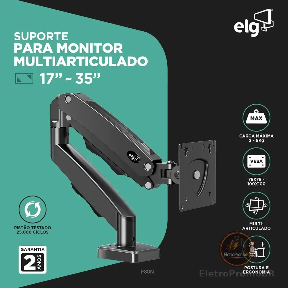 Suporte Articulado de Mesa F80N com Pistão a Gás para Monitores de 17'' a 35'' Ergonômico