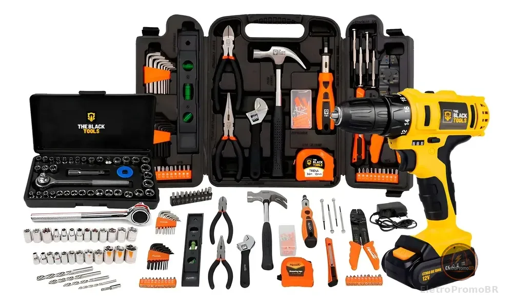Furadeira Parafusadeira Sem Fio 3/8 Maleta + Kit Ferramentas