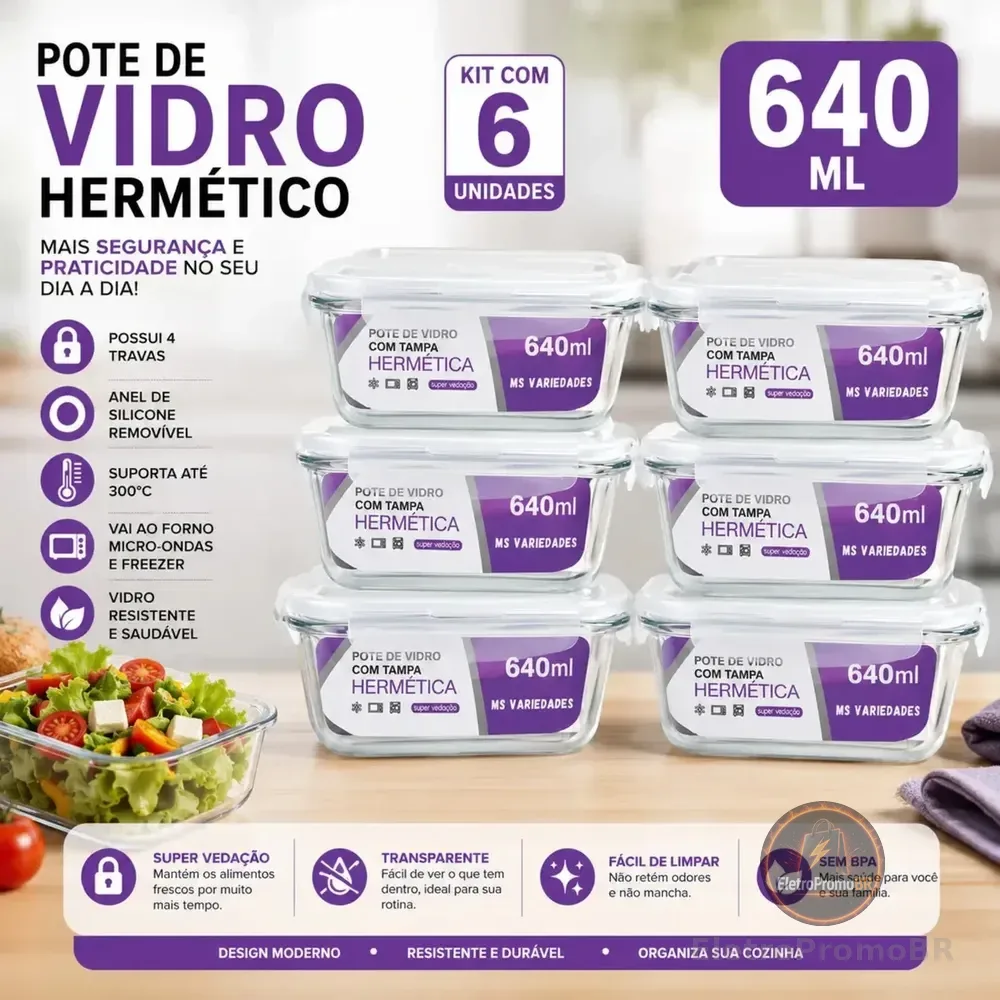 Kit 6 Potes 640ml Vidro Borossilicato Hermético 4 Travas Marmita Forno Freezer