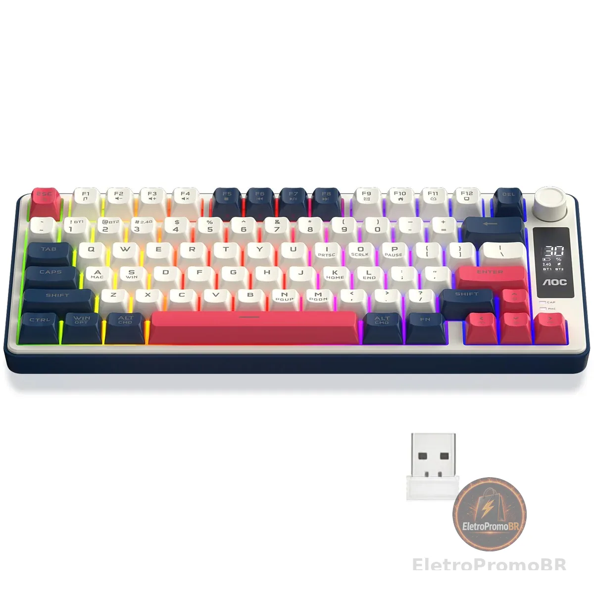 AOC GK280 Teclado sem fio 70%, Bluetooth Trimodo /2.4 GHz/USB-C, Teclado Gamer RGB LED Rainbow, Ideal para Jogos e Digitação, Ergonômico, Bateria Recarregável