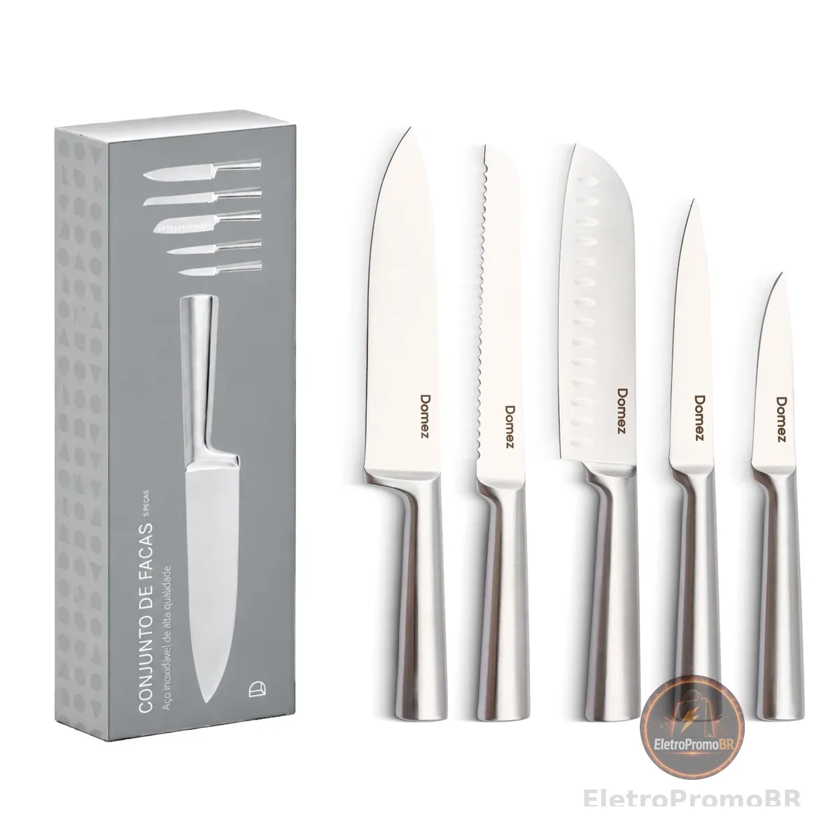 DOMEZ Jogo de Facas Cozinha 5 peças de Aço com Fio que Dura Mais, Design Ergonômico, Inclui Faca Chef, Pão, Descascar, Santoku, Churrasco Ergonômica Amolada Resistente à Ferrugem