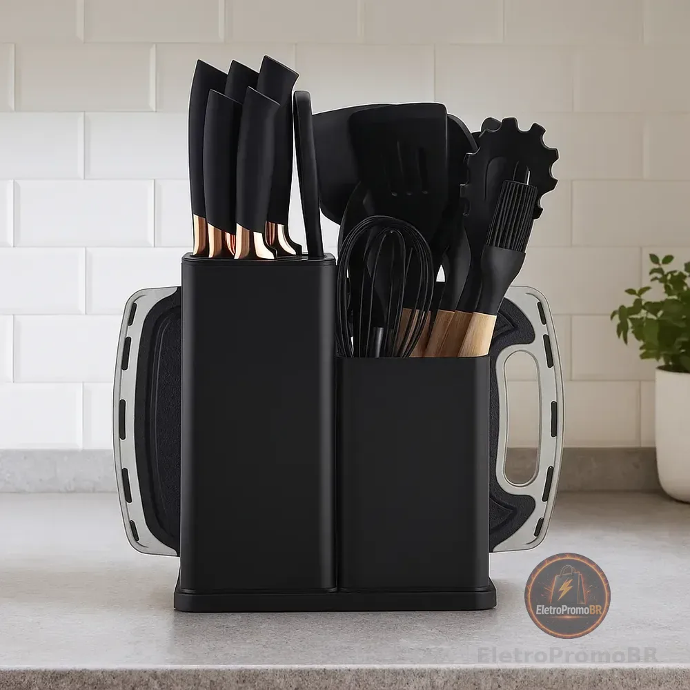 19 Peças Kit Utensilios Cozinha Tábua Em Silicone Espátula Preto
