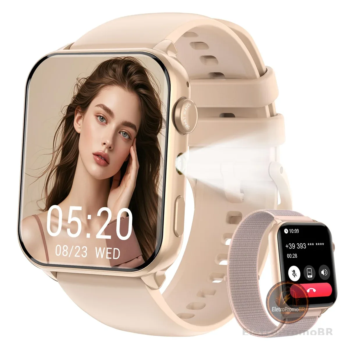 IOWODO Relógio Smartwatch Unissex 1.91" com Chamadas Bluetooth - Lanterna LED, 2 Pulseiras, 100+ Modos Esportivos, IP68 - iPhone/Android (Rosa)