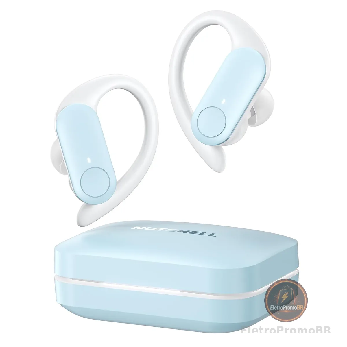 NS18 Fones de Ouvido Bluetooth para Treino - 12 Horas de Bateria, À Prova de Suor, App Personalizável, Drivers de 13mm com Graves Potentes, Microfone para Chamadas Claras (Branco e azul-claro)