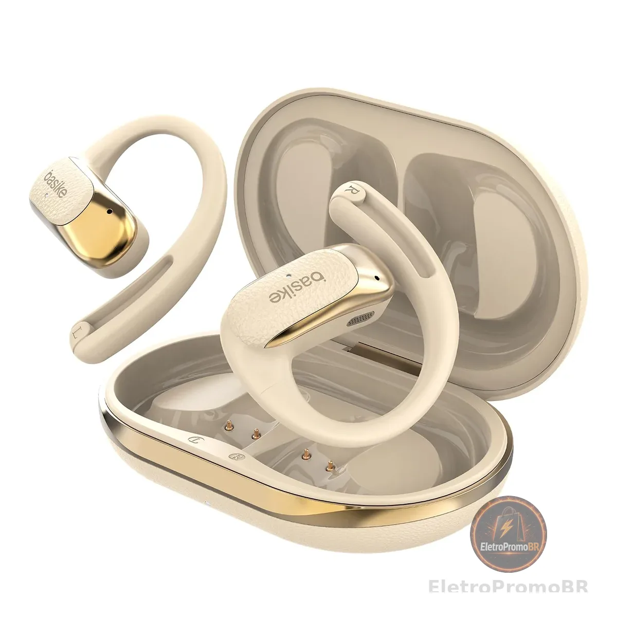 Fone de Ouvido Bluetooth OWS, Basike Fone Corrida para Fitness(Cáqui) | Bluetooth 5.4, Som Estéreo HD, Cancelamento de Ruído, Bateria de 24h, Compatível com Android/iOS/HarmonyOS