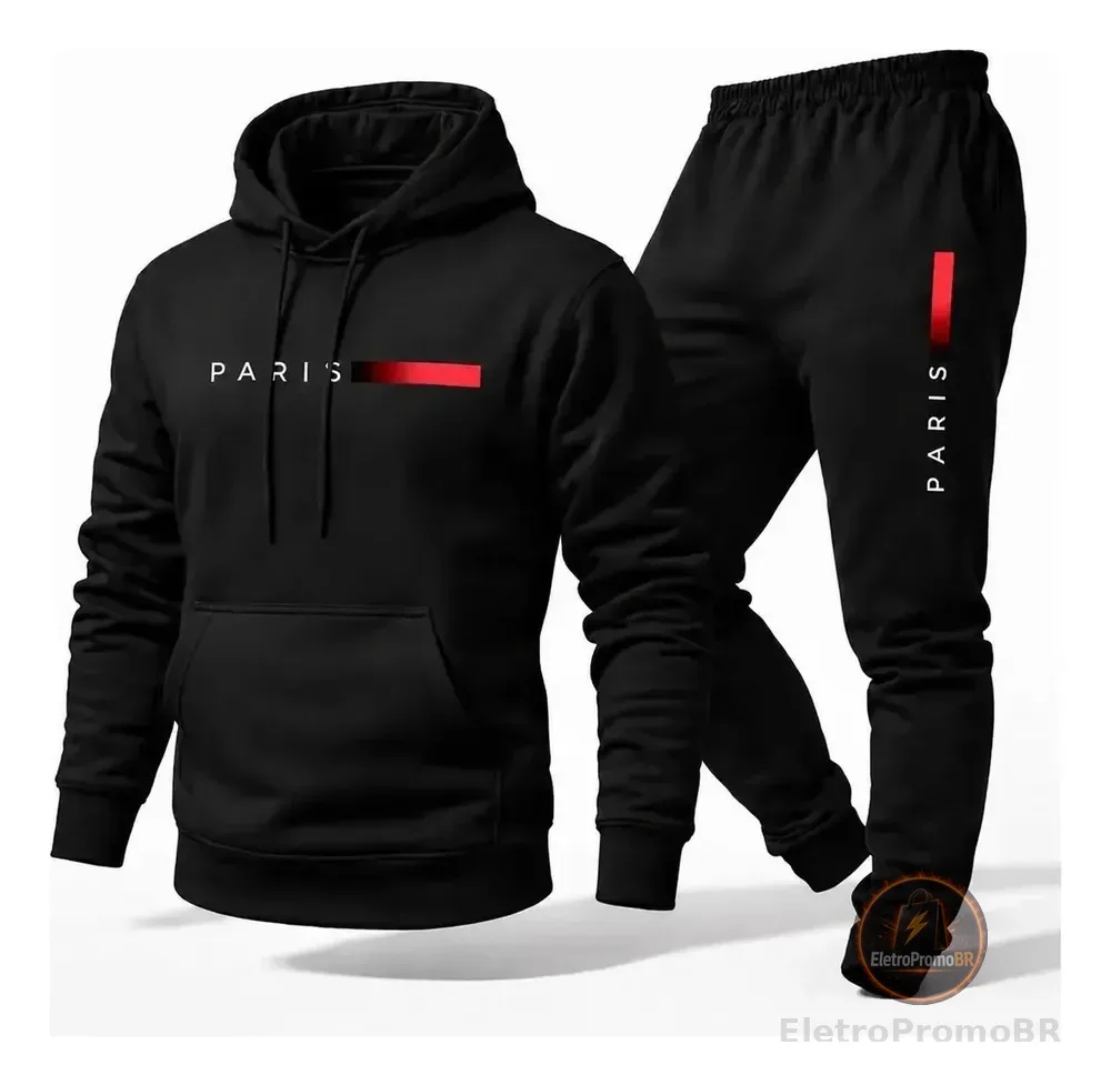 Conjunto Moletom Unissex Paris Canguru Com Capuz Calça Gg Preto