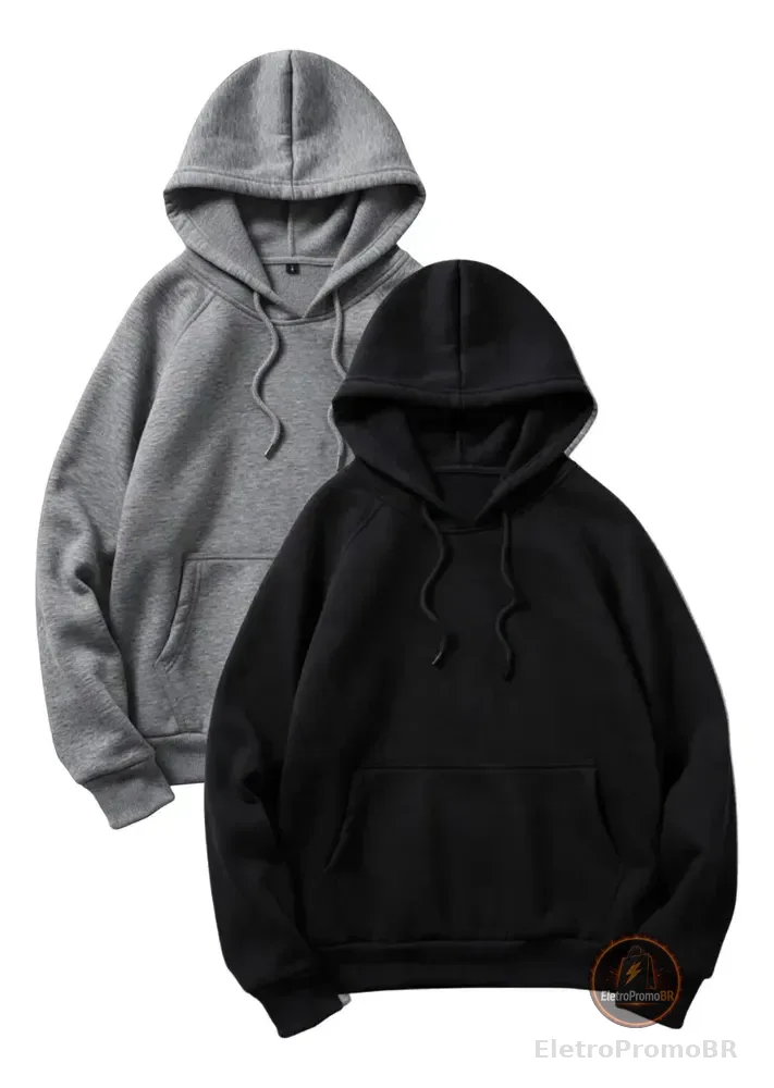 Kit 2 Moletom Liso Algodão Unissex Blusa Canguru Flanelado G Preto E Mescla Liso
