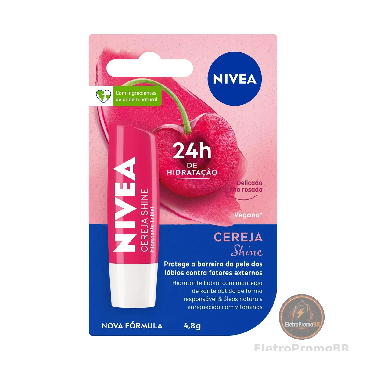 NIVEA Hidratante Labial Cereja Shine 4,8g, Hidratação Intensa 24h, Cor Suave, Brilho Delicado, Cuidado Diário, Manteiga de Karité