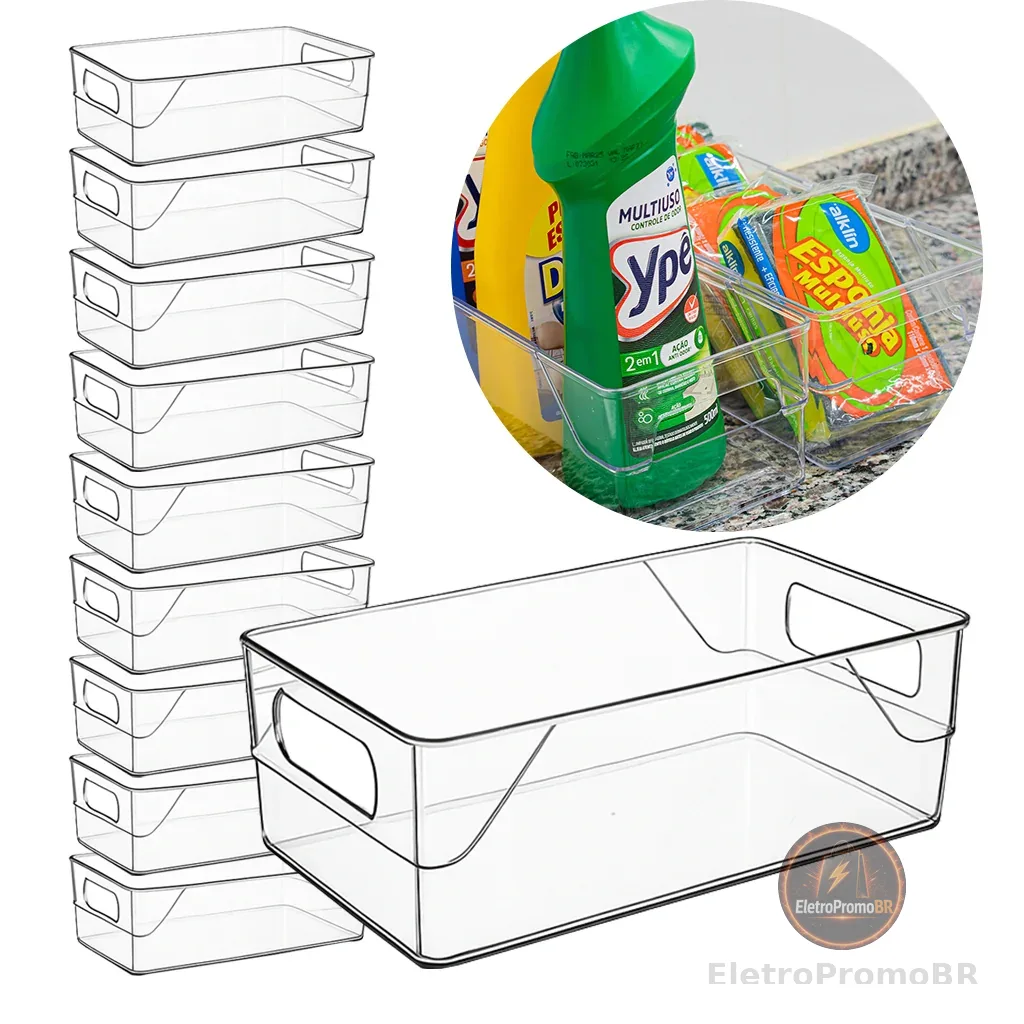 Kit 10 Organizadores Multiuso Para Geladeira, Cozinha E Despensa Em Acrílico Transparente