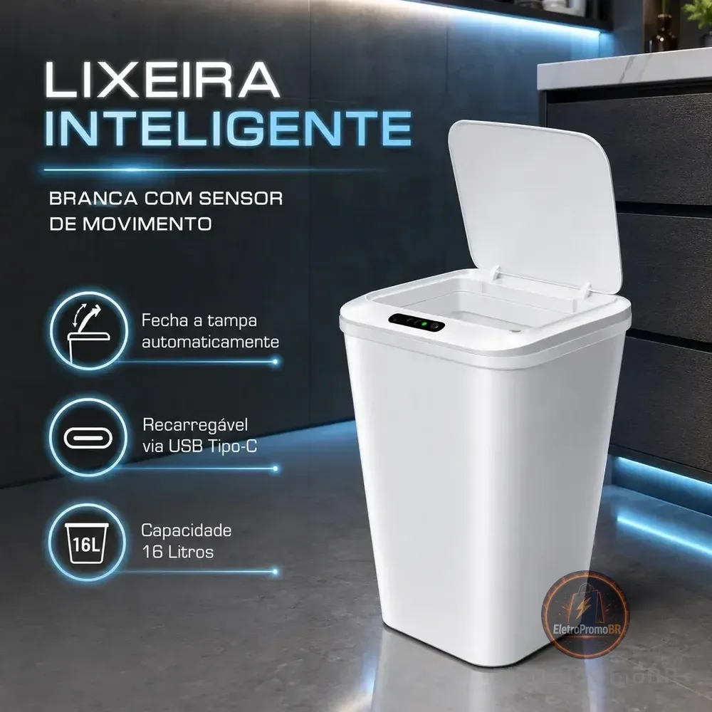 Lixeira Inteligente Automática Branca Universal Com Sensor Recarregável Earman Company Anti Odor 16l Recarregável Usb