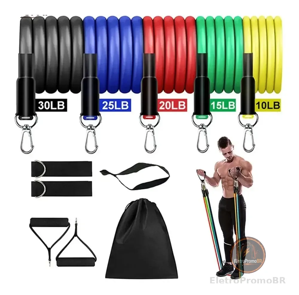 Kit Elástico11pc Extensor Treino Academia Exercícios Em Casa Varias