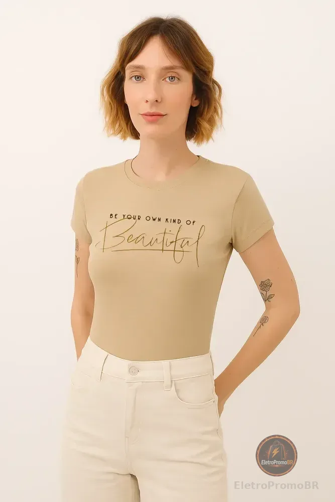 Camiseta Feminina Beautiful Polo Wear Bege Médio  Bege Medio M