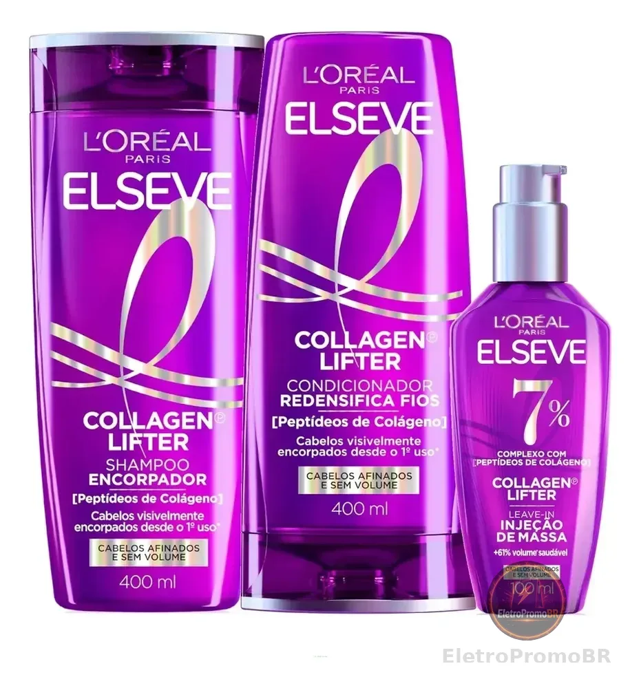L'Oréal Paris Elseve Collagen Lifter Kit Shampoo, Condicionador e Sérum Leave-in com Peptídeos e Proteção Térmica para Cabelos Finos, Volume em 3D, 400ml + 400ml + 100ml