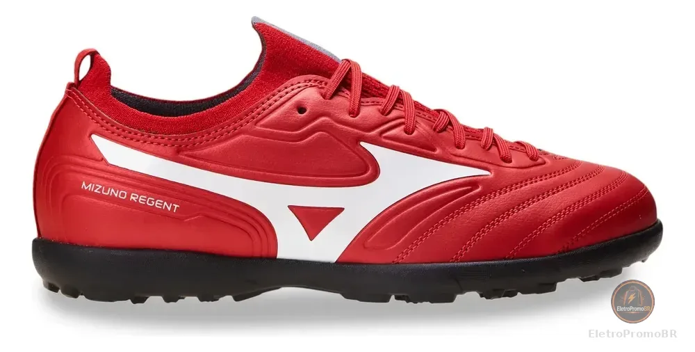 Chuteira De Society Regent As Cabedal Em Knit Mizuno Vermelho Liso 40 Br