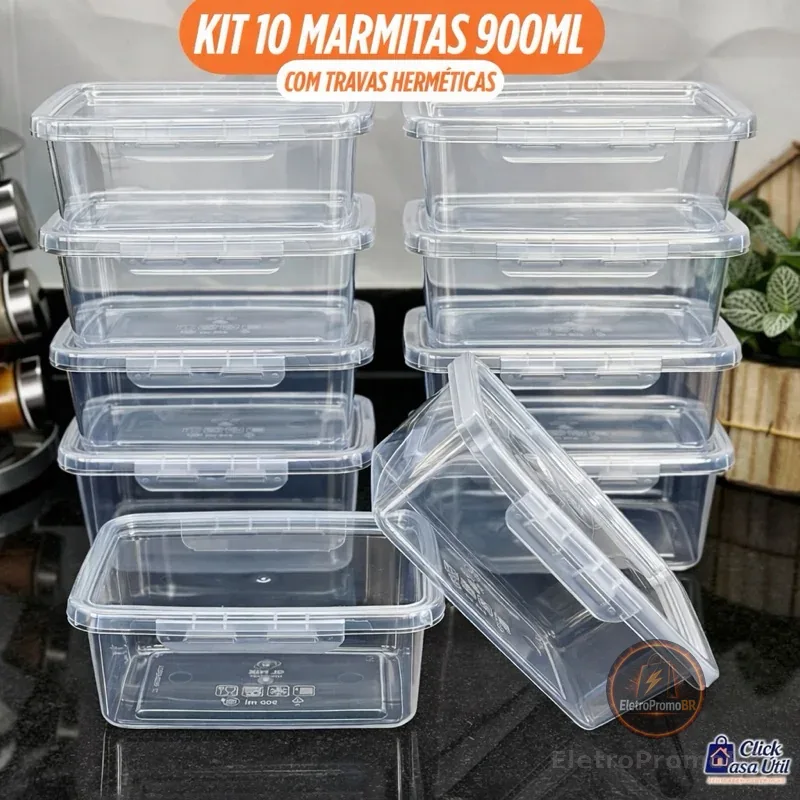 Kit 10 Marmitas Potes 900ml Travas Laterais hermeticas - Livres de BPA Alimentos organiza congelador