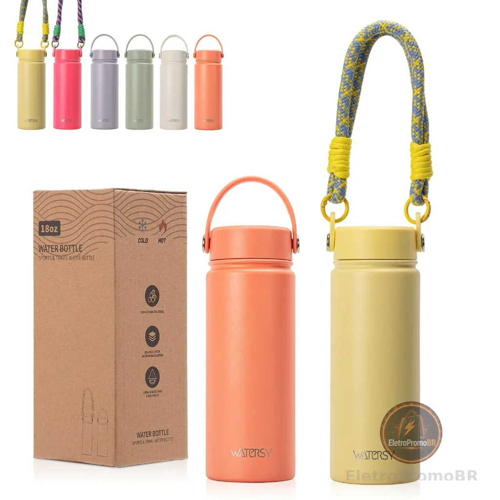 Garrafa Térmica WATERSY 532ml Aço Inoxidável, Quente/Frio por Horas, p/ Academia e Viagem