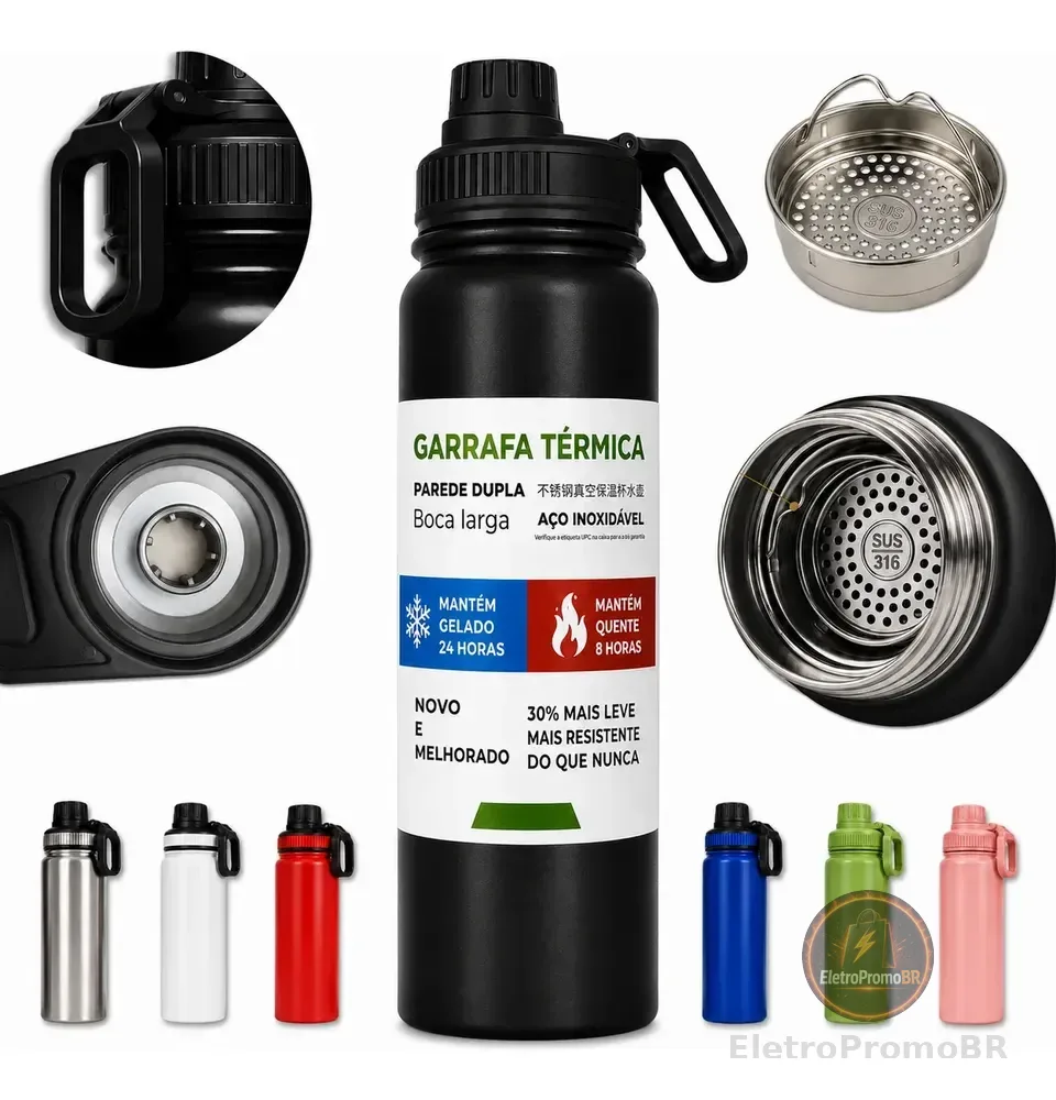 800ml Garrafa Térmica Água E Café Squeeze Inox Academia Alça Preto