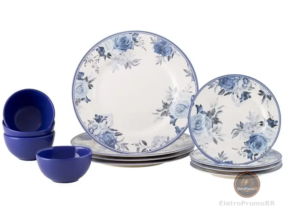 Aparelho de Jantar 12 Peças Alleanza Cerâmica Branco e Azul Redondo Antique - AliExpress 15