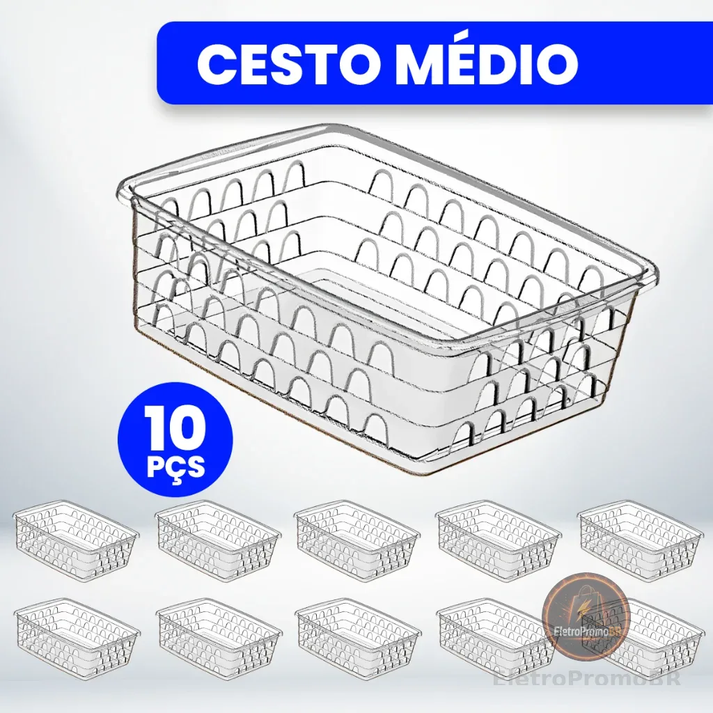 Kit com 10 Cestos Organizadores Multiuso Transparente 20x15,5x6,5 Médio