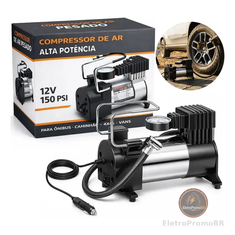 Compressor De Ar Mini 12v Digital Para Pneus De Carro, Moto, Bicicleta E Caminhão Com Tela Led Portátil Preto 127/220v 60 Hz Monofásica
