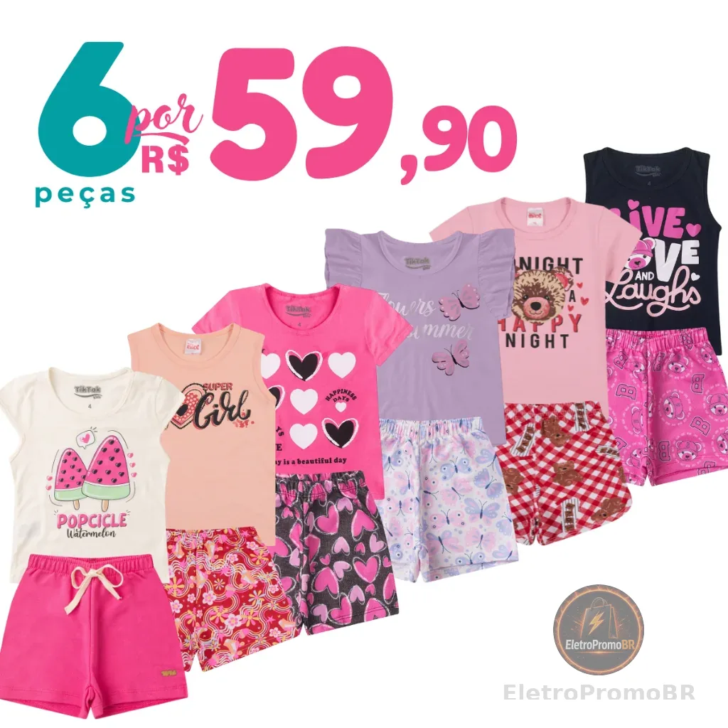 Kit 6 Peças de Roupas Infantil Menina Conjunto Verão Algodão