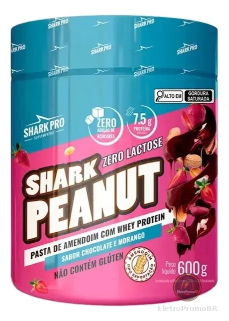 Pasta De Amendoim Sharj Peanut Shark Pro Pote 600g Sabor Chocolate Com Morango