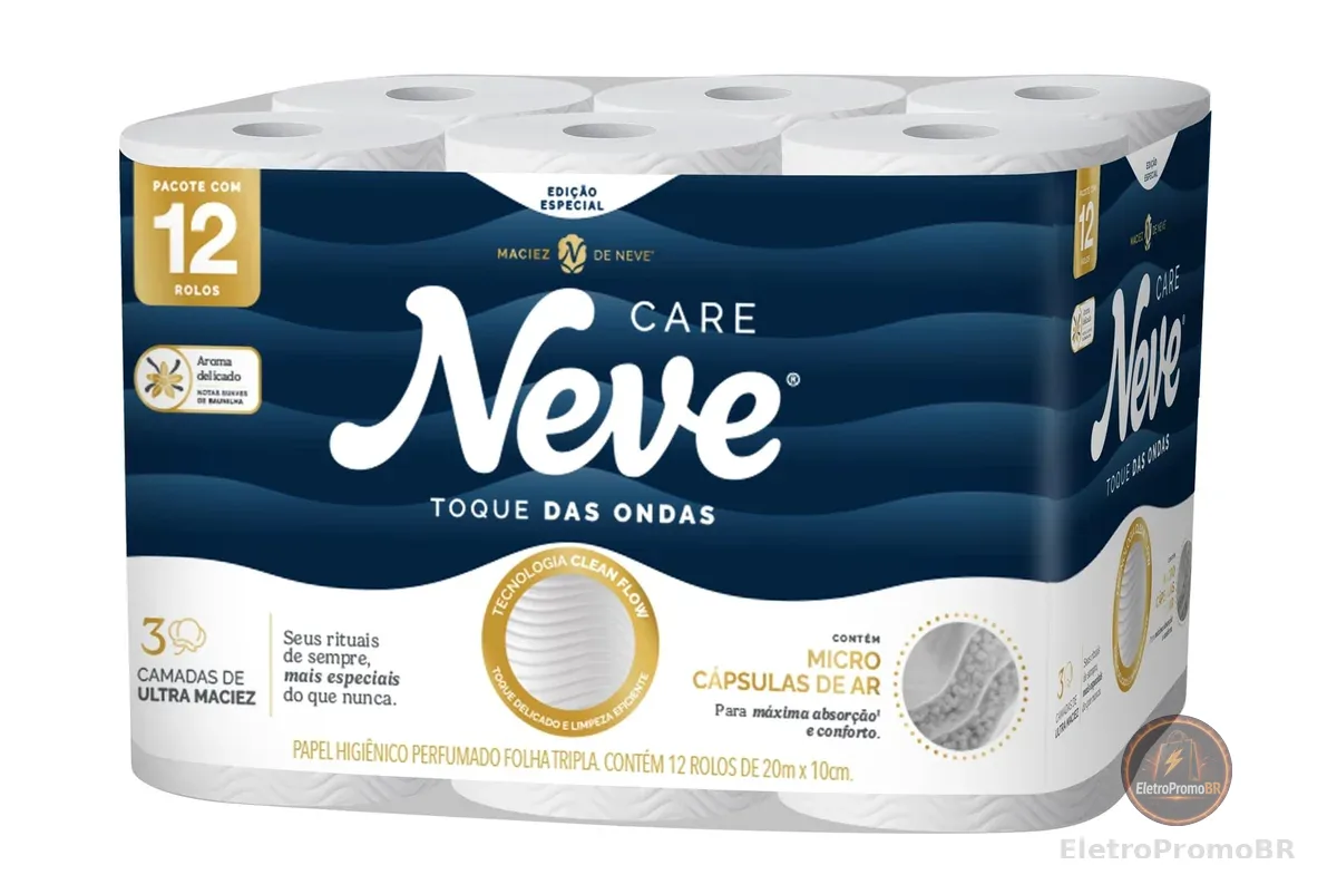 Papel Higiênico Neve Toque das Ondas Folha Tripla 12 rolos 20M