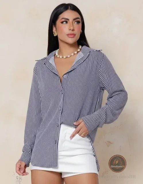 Camisa Social Feminina Clássica Listrada C/ Botões Tendência