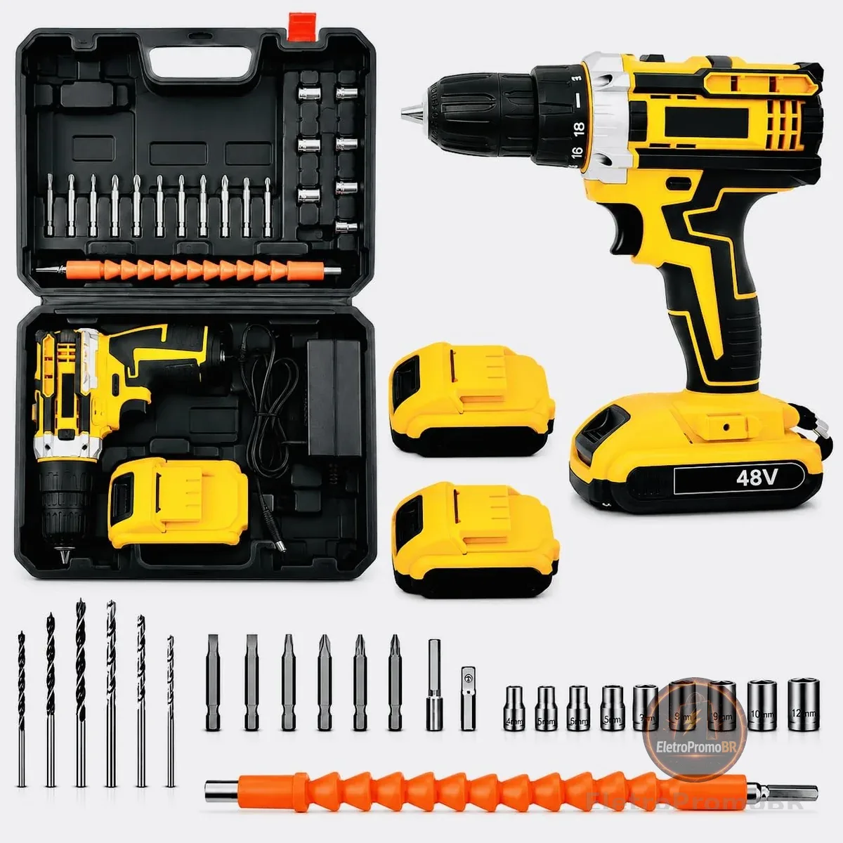Parafusadeira e Furadeira 48V Sem Fio com Impacto Mandril 10mm Torque 32Nm 2 Baterias Recarregáveis Velocidade Variável Reversível Kit Completo com Brocas Bits Soquetes e Maleta