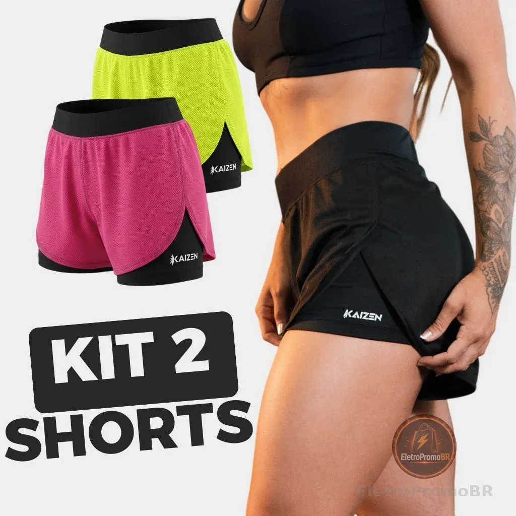 KIT COM 2 SHORTS FEMININO 2 EM 1 FEMININO DRY FIT C/ Bolso Porta Celular Kaizen Academia, Treino