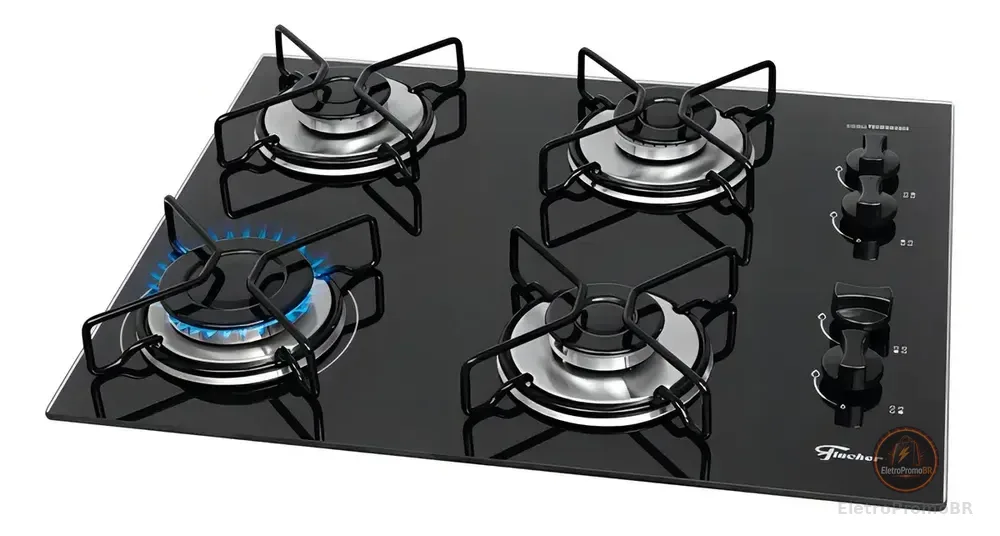Cooktop A Gás Fischer 4 Bocas Fit Line Trempe Esmaltada Aramado Preto 127/220v