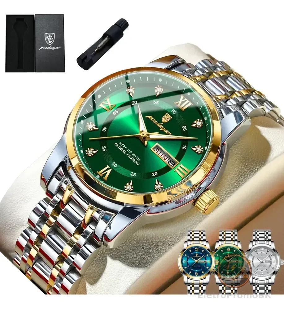 Relógio Poedagar Masculino Luxo Original Com Nota Fiscal Prateado Verde
