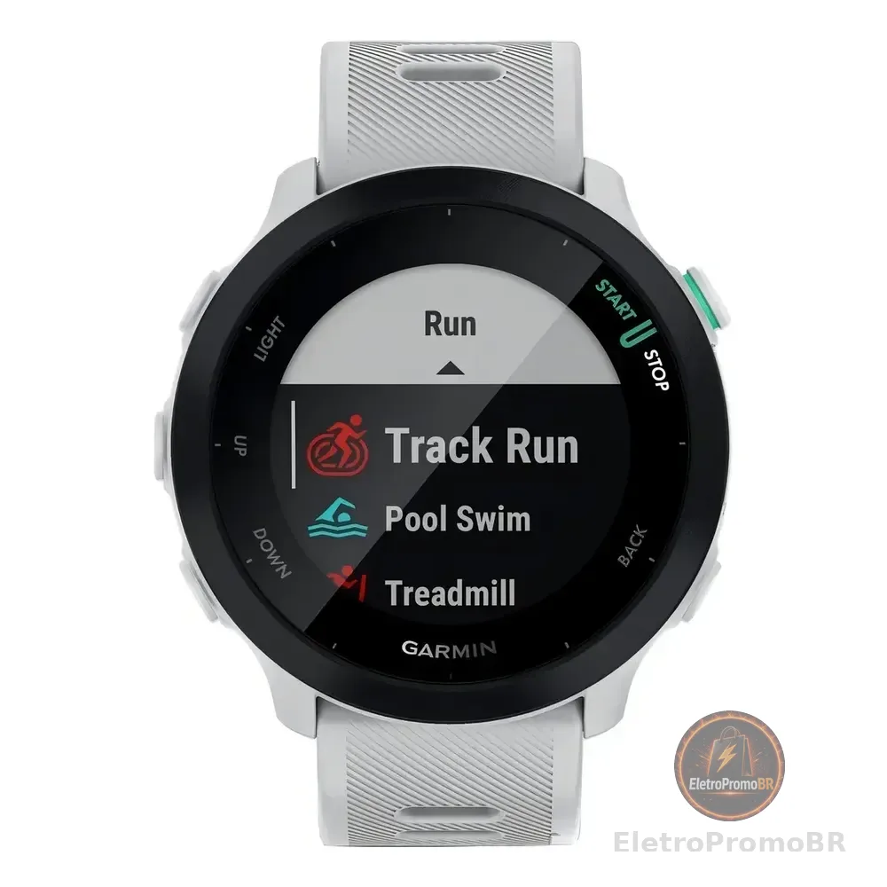 Smartwatch Garmin Forerunner 55, Tela Lcd Mip 1.04 , Caixa Polímero 42mm, Pulseira Silicone Branca White Preto
