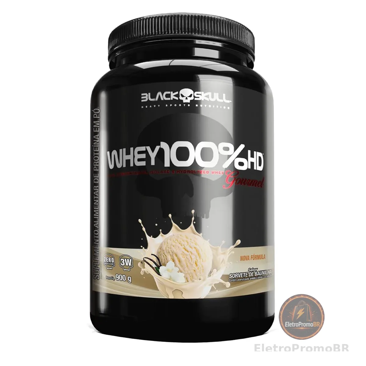 Black Skull Whey 100% HD Gourmet Pote 900g Baunilha | Proteína de alto valor biológico com sabor gourmet cremoso, dissolução rápida e uniforme