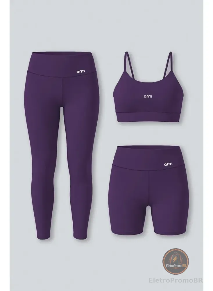 Kit Conjunto Fitness Legging E Short Powerslim + Top Alça Mirtilo Liso M - M
