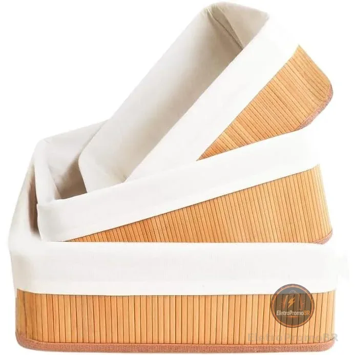 Vittak Kit 3 Cestos de Bambu Conjunto c/ Tecido Forro em Algodão Cesto Organizador Multiuso