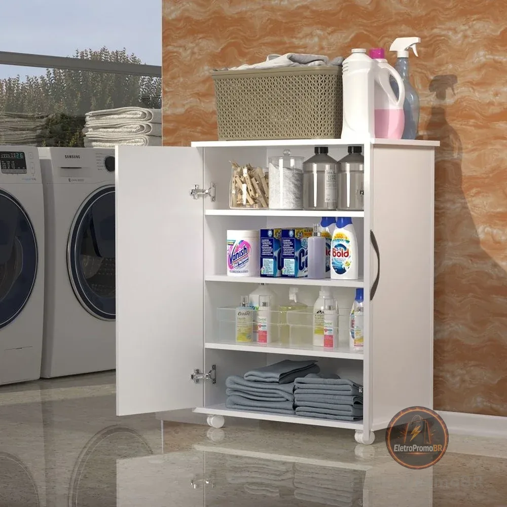 Armário Balcão 5 Prateleiras Branco Com Rodinhas porta duplas
