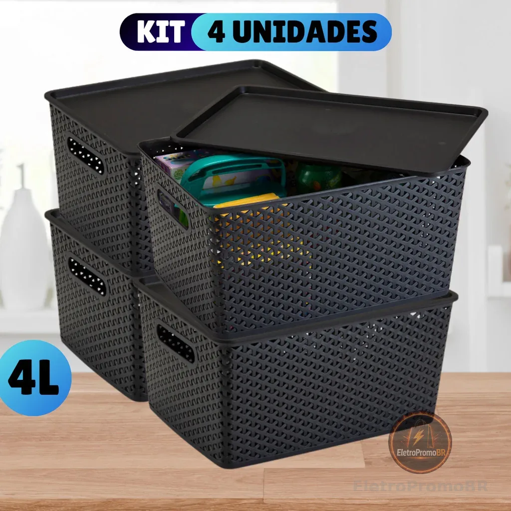 Kit Com 4 Cesto Caixa Organizadora Rattan Com Tampa  4 Litros Preto