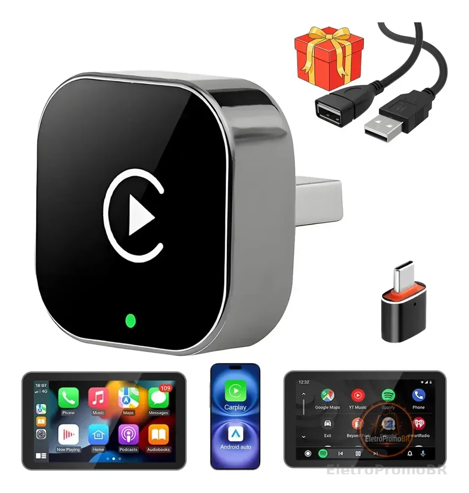 Adaptador Car Play Para Ios Android Auto Sem Fio 2 Em 1
