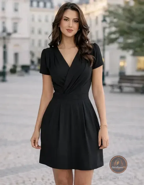 Vestido Decote Transpassado Envelope Manga Curta Soltinho
