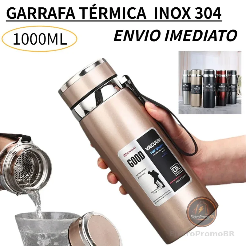Garrafa 1000ml Inox Térmica Com Infusor Prata e Dourada De Água Café Dupla Com Alça