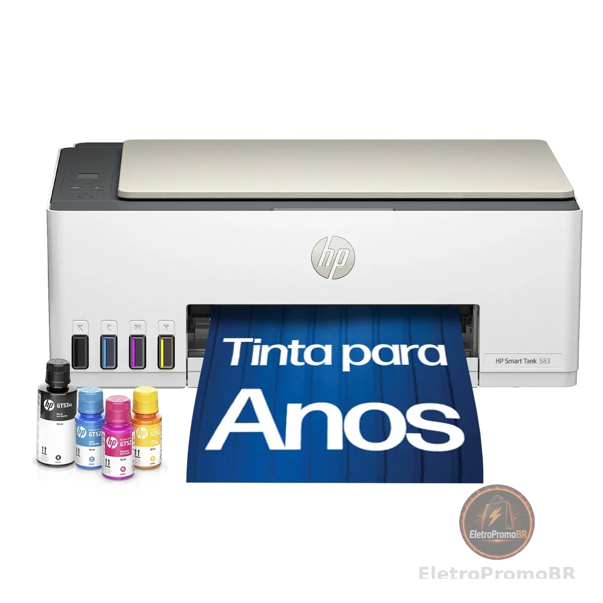 Impressora Multifuncional HP Smart Tank 583 Tanque de Tinta Colorida Wi-Fi com autorreparo, USB - Impressora, Copiadora e Scanner Cor: ‎Branco (4A8D8A)