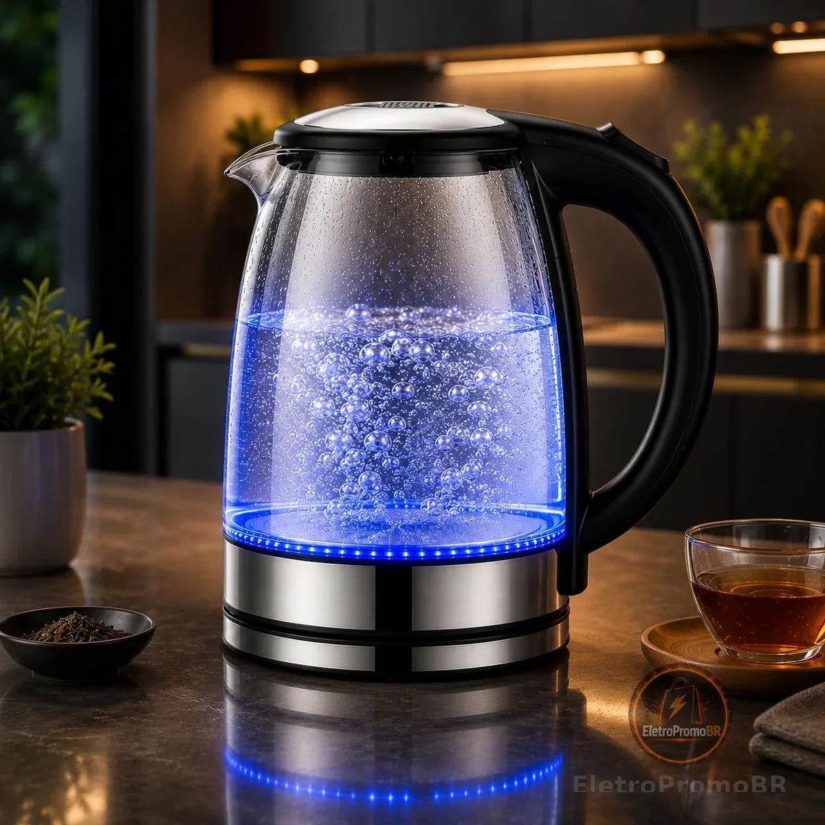Chaleira Elétrica de Vidro 1,8L 220V com LED Azul – Aquecimento Rápido, Desligamento Automático e Base 360° | Ideal para Chá, Café e Água Quente (220V)