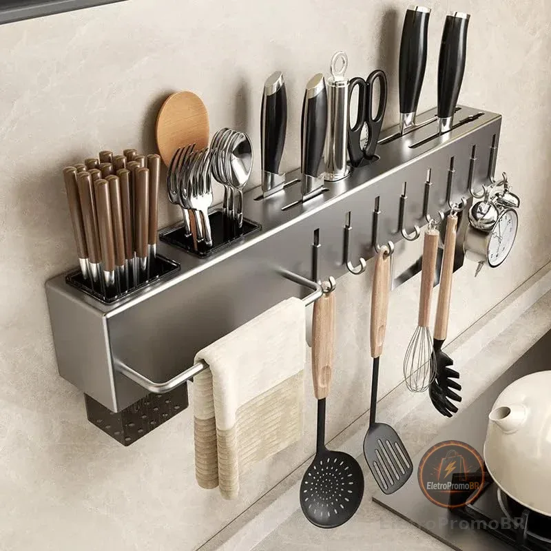 Organizador Multiuso/Suporte de Parede/Porta Utensílios, Talheres e Porta Pano de Pratos com 8 ganchos 50cm, em metal, super resistente, moderno e funcional, sua cozinha muito mais charmosa!