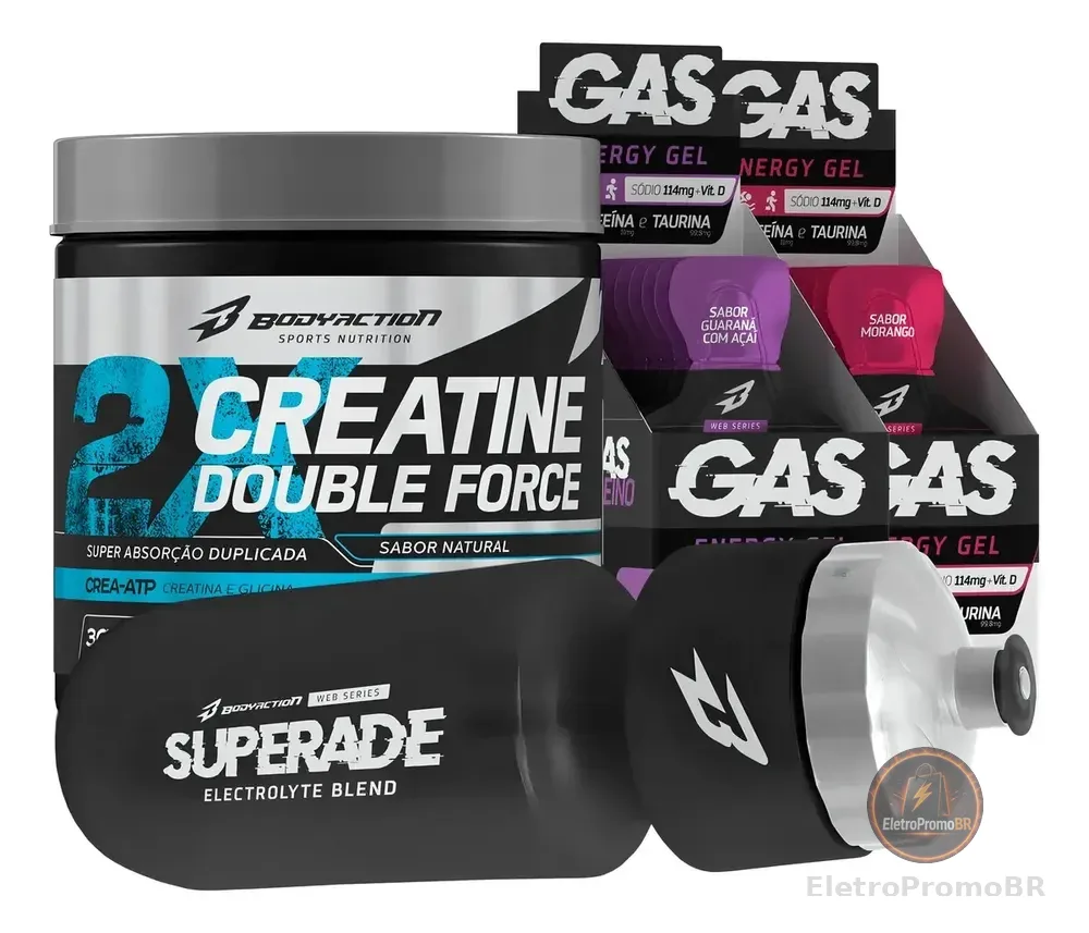 Creatina Double Force 150g + 2x Gas Energy Gel + Squeeze Sabor Guaraná com Açaí/Morango